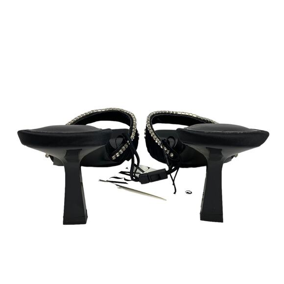 New Zara Crystal Trim Open Square Toe Black Satin Mule Slide Sandals Size 6.5 - Picture 11 of 15